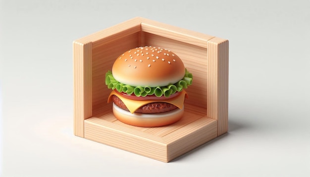 a wooden box with a hamburger and a green leaf