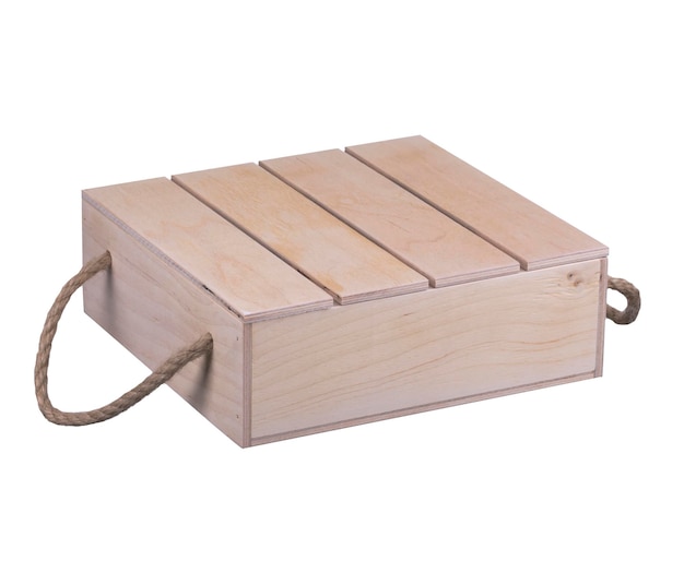 Wooden box with handles made of twine on a white background