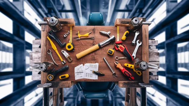 a wooden box with a lot of tools on it