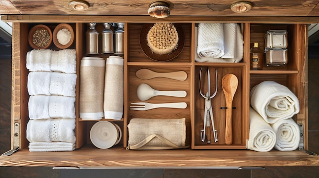 Photo a wooden box with many items including a wooden spoon spoons and kitchen utensils