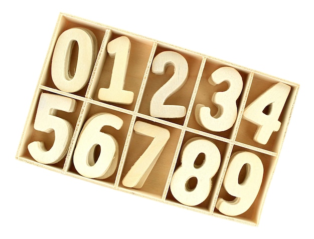 Wooden box with numbers isolated on white background