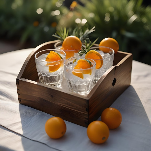 Photo a wooden box with oranges and oranges in it