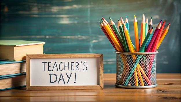 a wooden box with pencils and a sign that says teachers day