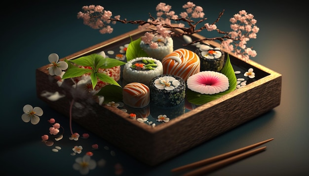 A wooden box with a picture of a sushi and flowers.