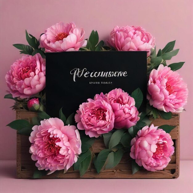 Photo a wooden box with pink flowers and a black card that says  spam