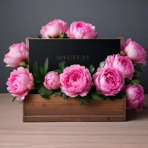 Photo a wooden box with pink peonies and a black sign that says  80 fire fire fire