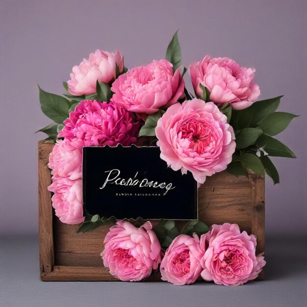 Photo a wooden box with pink roses and a black sign that says exit