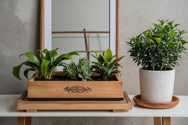 Photo a wooden box with a plant on it and a mirror behind it