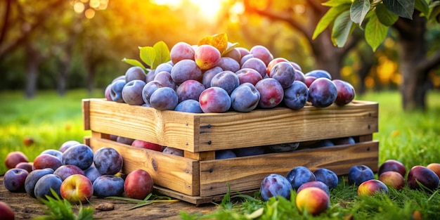 A wooden box with ripe plums in the orchard