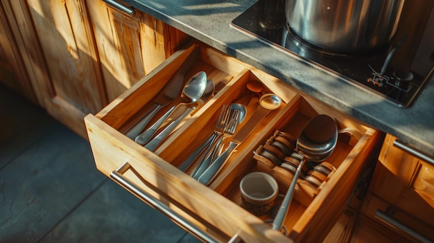 a wooden box with silverware and spoons in it