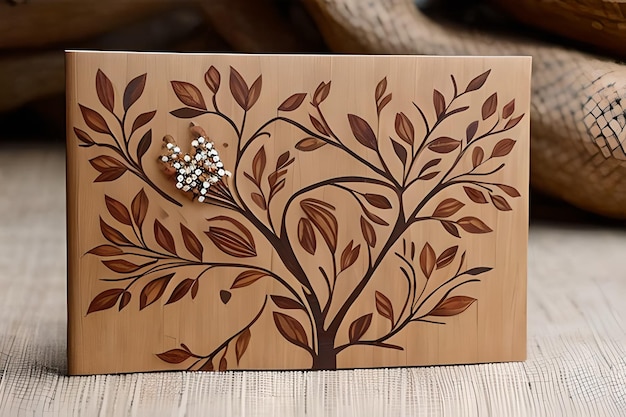 A wooden box with a tree and a flower on it.