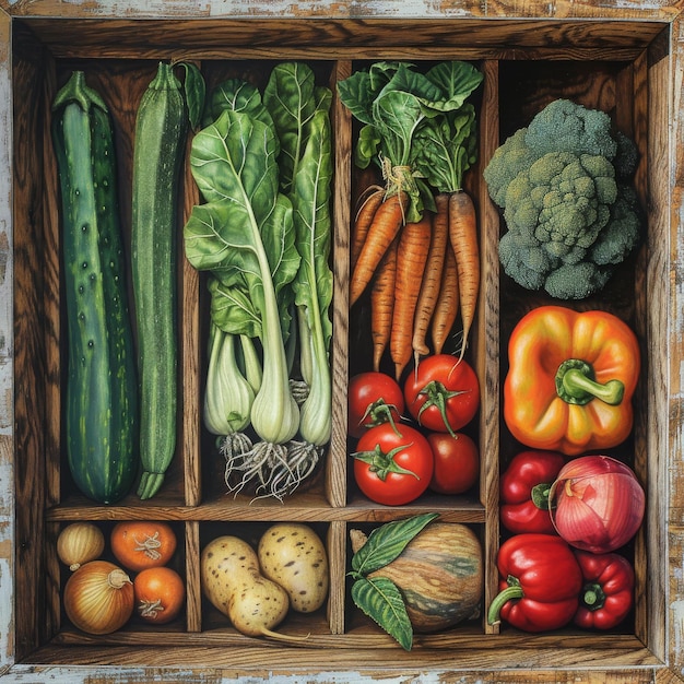 wooden box with a variety of vegetables