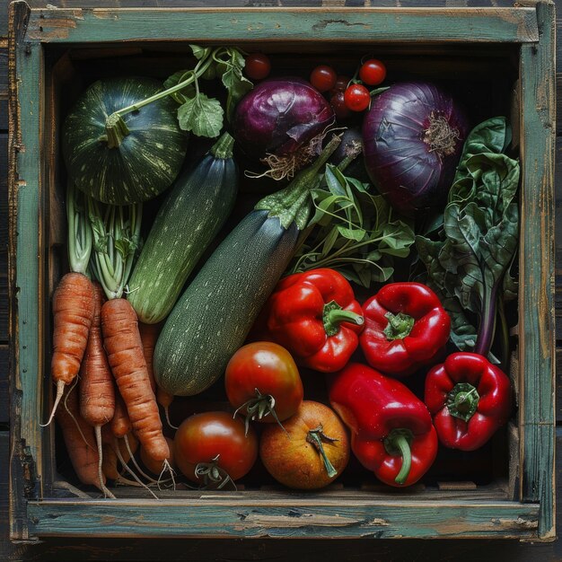 wooden box with a variety of vegetables