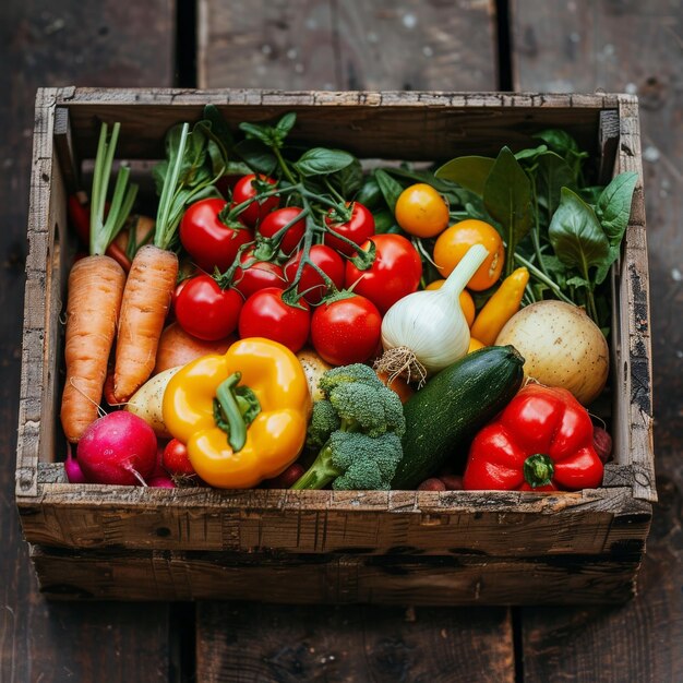 wooden box with a variety of vegetables