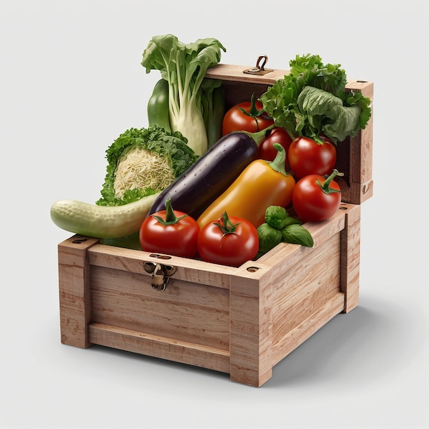 Wooden box with vegetables on a white background