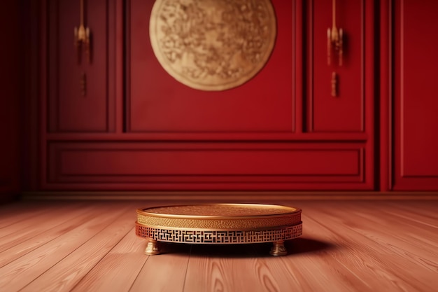 A wooden box on a wooden floor with a gold circle hanging on the wall behind it.