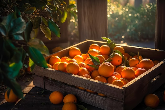 Wooden boxes decorated with orange fruit filling the wooden boxes and orange garden area ai generati