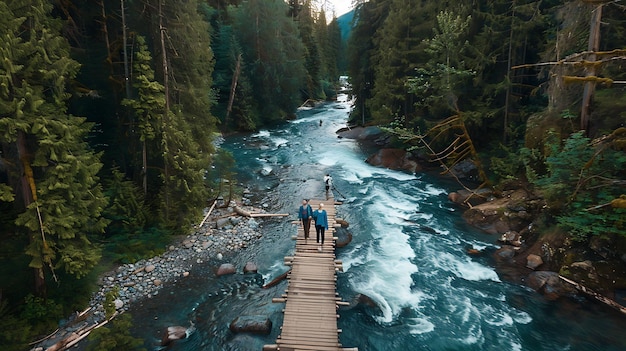 Photo wooden bridge across a mountain river