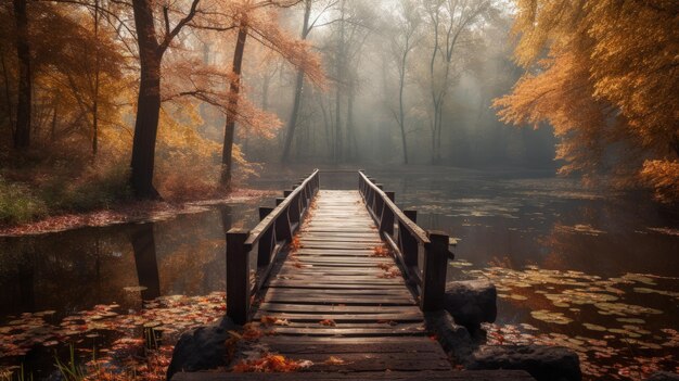 A wooden bridge over a body of water surrounded by trees