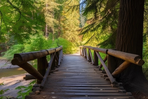 Wooden bridge crossing the river in the wild forest Generative AI