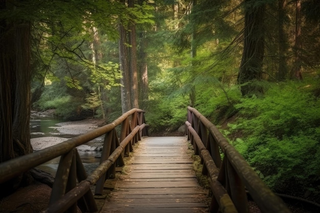 Wooden bridge crossing the river in the wild forest Generative AI