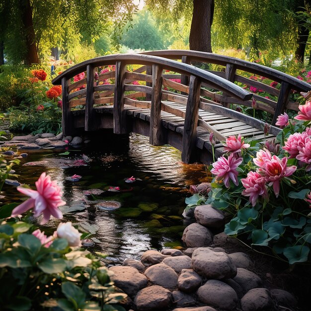 A wooden bridge over a flowing river covered with lilies