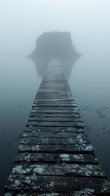 a wooden bridge in the fog with a reflection of a bridge in the water