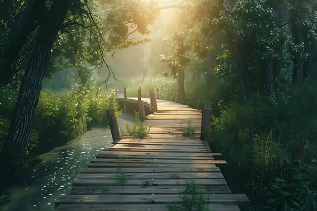 a wooden bridge in the forest with a sun setting behind it