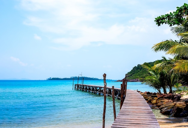 Wooden bridge heading to the blue sea Brown wood plank pathway bridge on the beach sand with rocks and coconut palm tree at the local port in island on sunny day Seascape summer holiday background