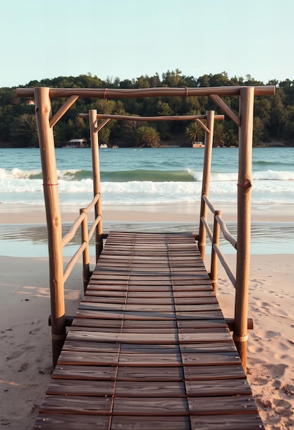 Photo a wooden bridge is on the beach and the water is blue