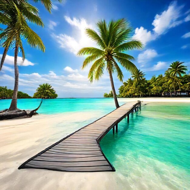 a wooden bridge is on the beach and the water is made of wood