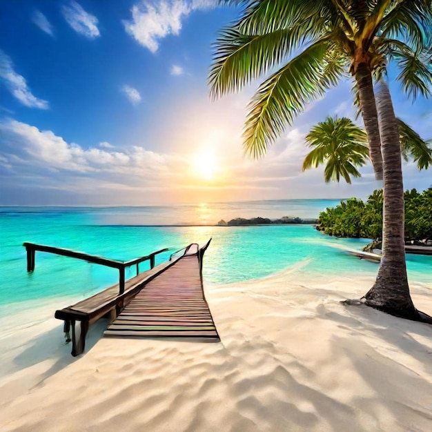 a wooden bridge is on a beach with palm trees and a bridge