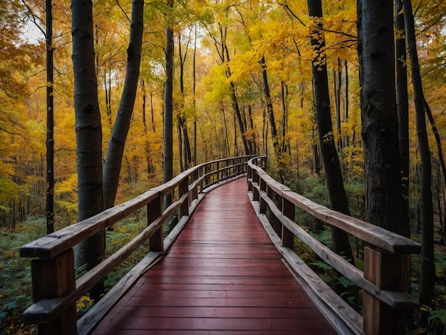 a wooden bridge is over a forest that has a forest in the background