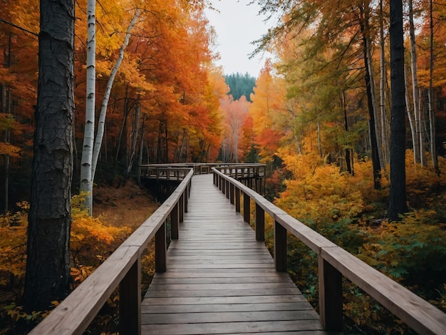 a wooden bridge is over a forest with trees in the background