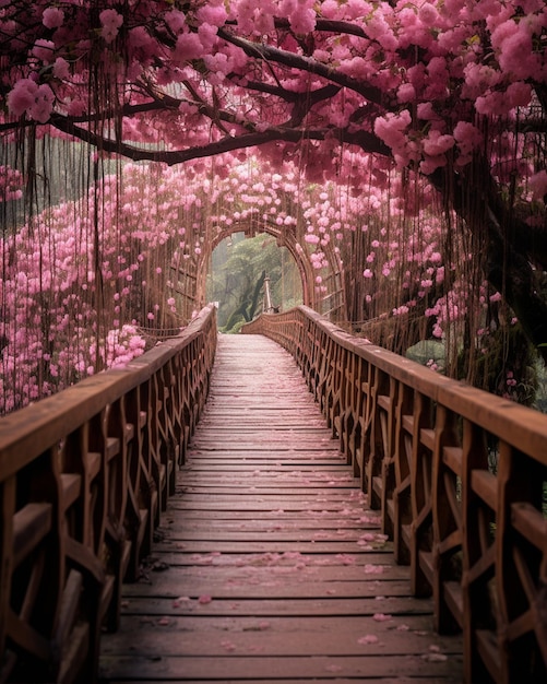 Photo wooden bridge is walking under a huge canopy