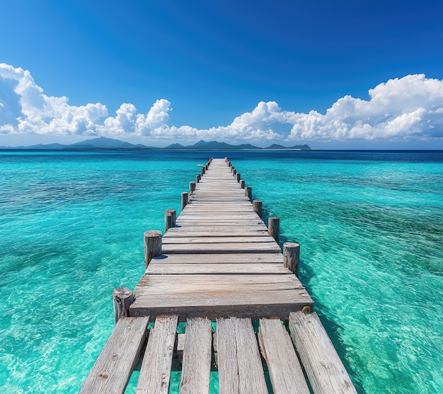 a wooden bridge is over the water with the ocean in the background