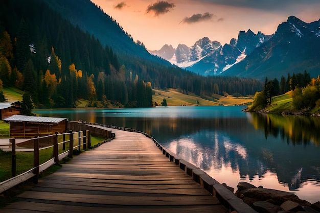 A wooden bridge over a lake in the mountains