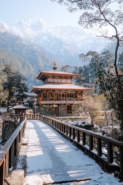 Photo wooden bridge leading to a traditional temple in the himalayas