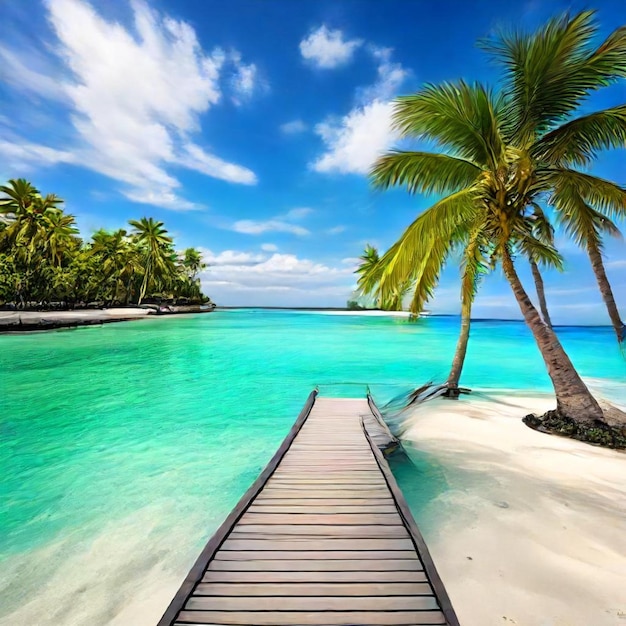 a wooden bridge leads to a beach with palm trees on the beach