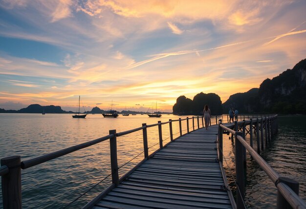 a wooden bridge leads to a beach with a sunset in the background