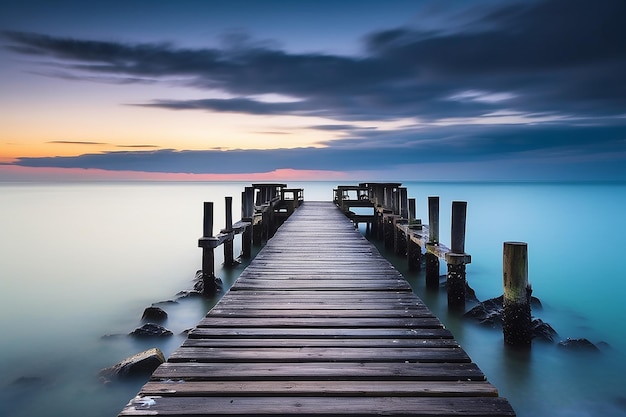 A wooden bridge leads to a lake at sunset