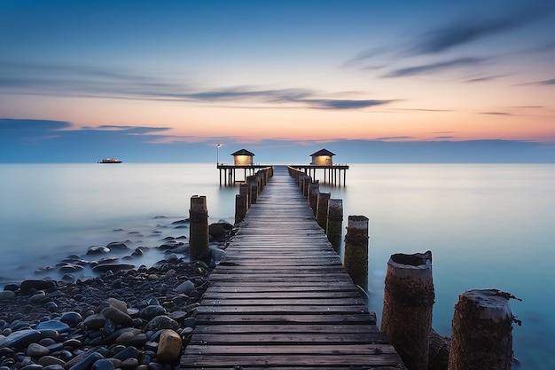 A wooden bridge leads to a lake at sunset