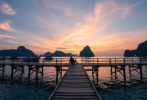 a wooden bridge leads to a pier with a boat in the background