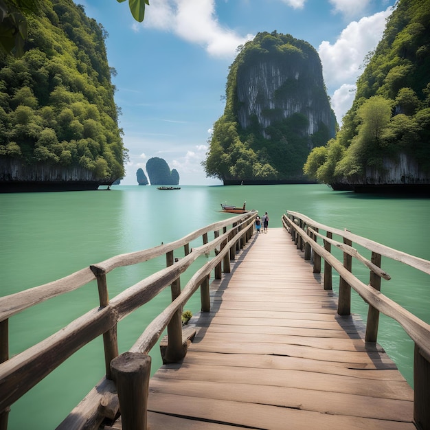 a wooden bridge leads to a small island with a boat on it