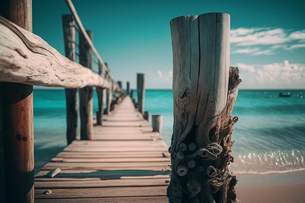 Wooden bridge masonry to the sea Generative AI