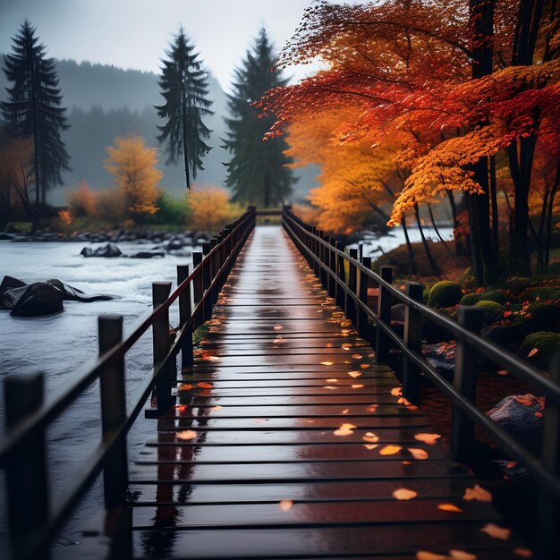 wooden bridge over a mountain river in autumn