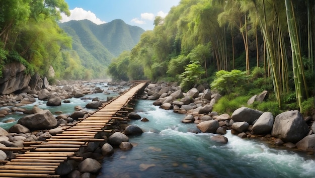 wooden bridge over a rocky river with a beautiful bamboo forest in the background