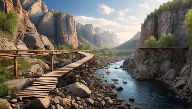 wooden bridge over a rocky river with a beautiful rock cliff in the background