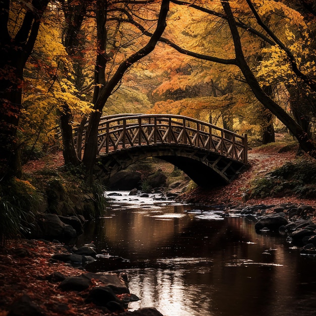 A wooden bridge spans a stream shimmering with yellow autumn leaves