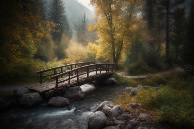 A wooden bridge over a stream in a forest generative AI